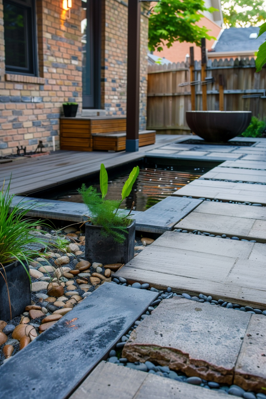 Alt text: Modern backyard with a wooden deck, stepping stones over a pond, ornamental grasses, and a large bowl-shaped feature.