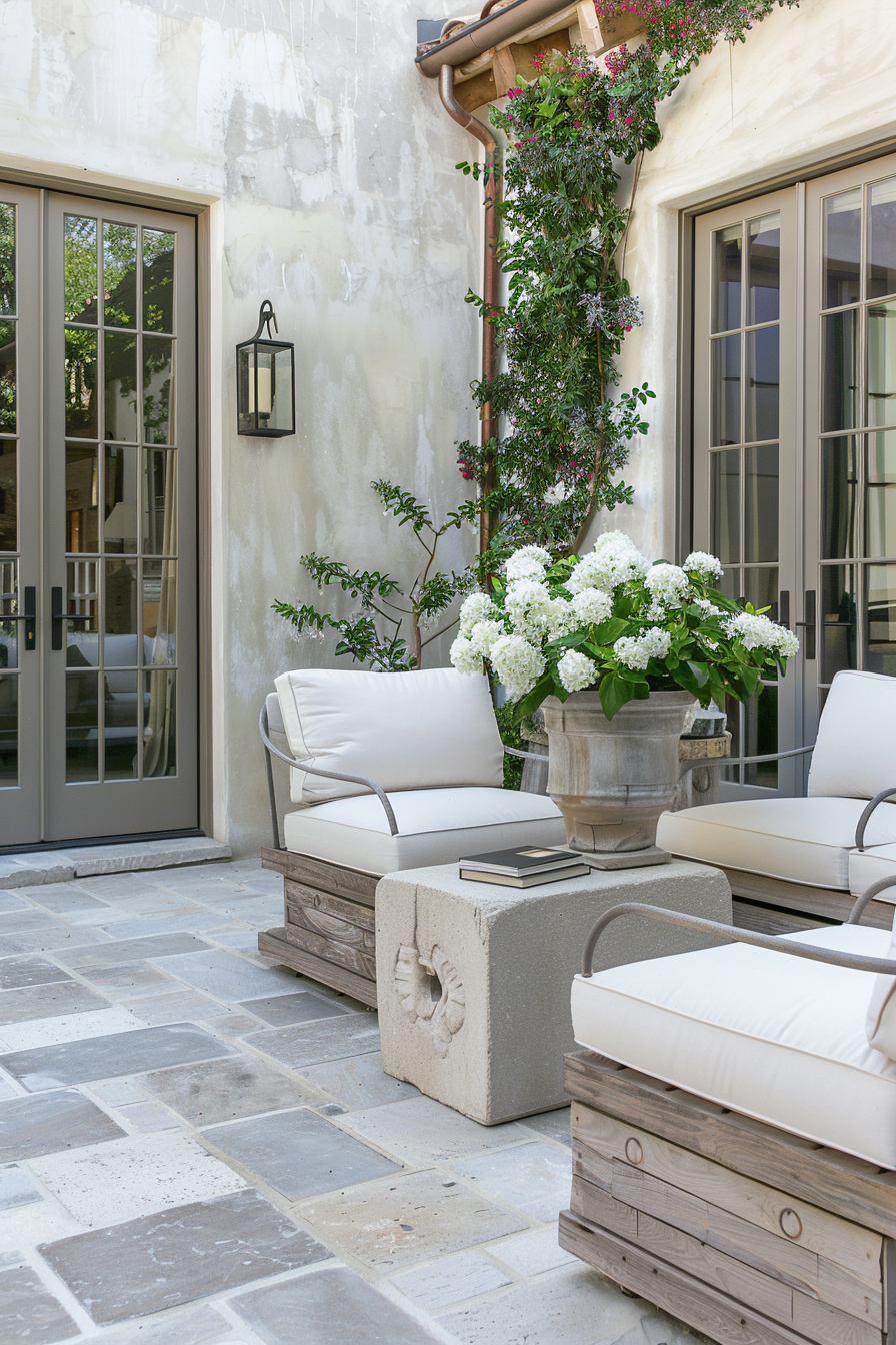 Elegant patio with cozy armchairs, blooming flowers, and stone flooring in a peaceful outdoor setting.