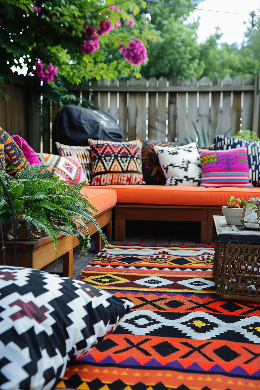 A vibrant outdoor patio with colorful patterned rugs, pillows, and a cushioned wooden sofa, surrounded by lush green plants.