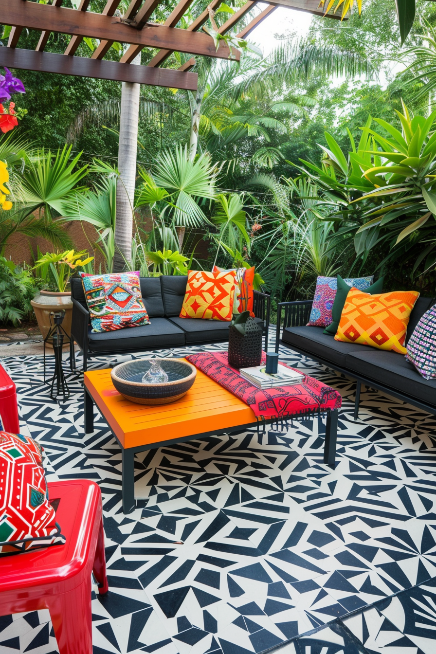 ALT: A vibrant outdoor patio with patterned floor tiles and colorful cushions on black furniture, surrounded by lush greenery and a wooden pergola.