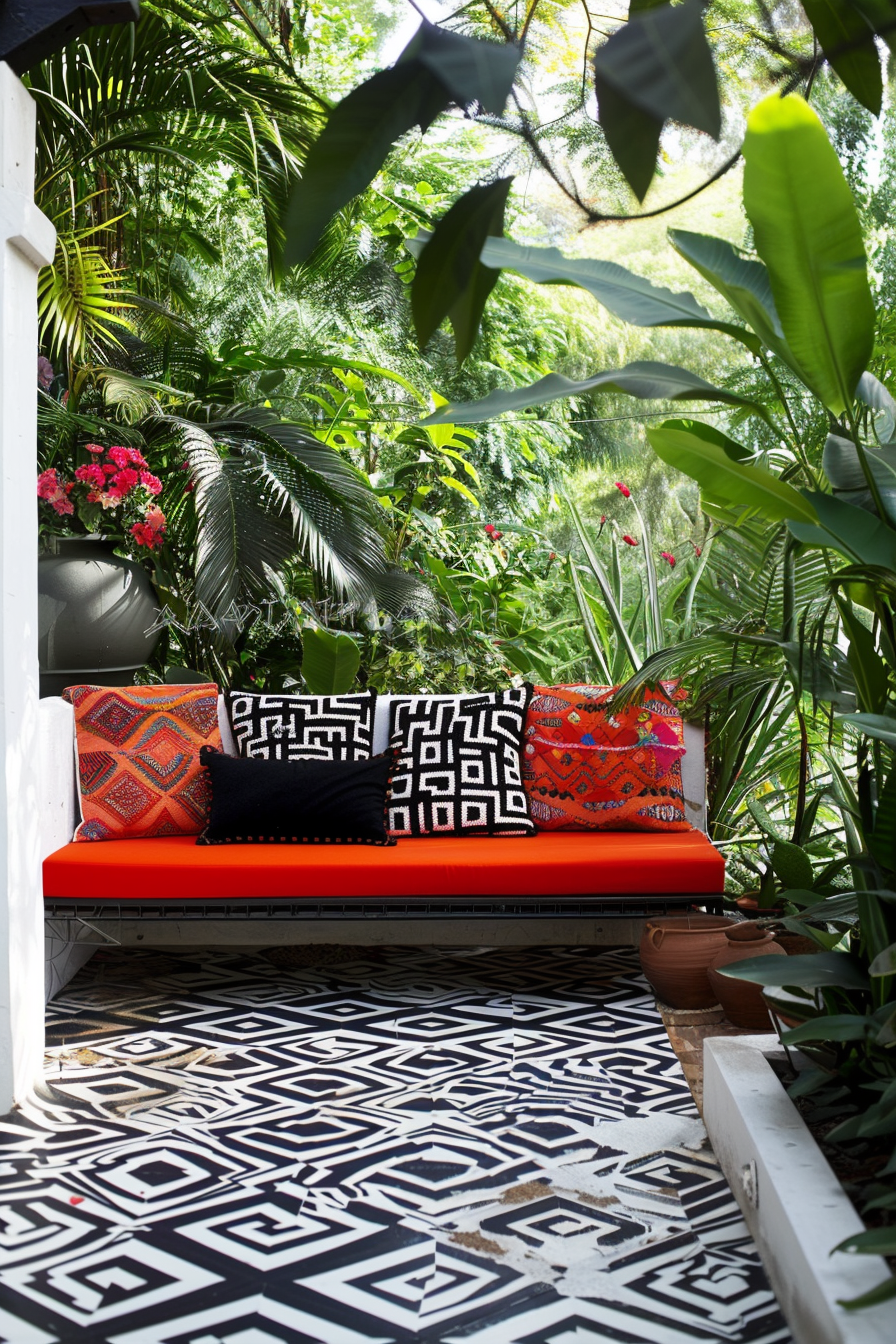 Cozy outdoor bench with red cushion and colorful pillows on a black and white patterned floor, surrounded by lush greenery.