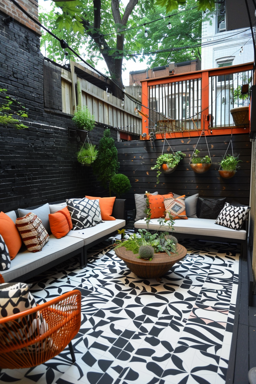 Cozy urban patio area with patterned tile floor, modern furniture with orange cushions, green plants, and string lights.