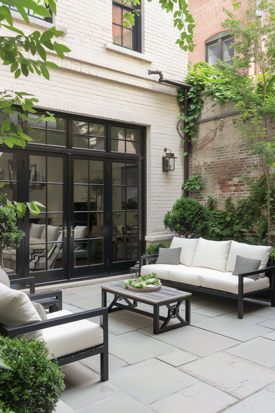 A cozy outdoor patio area with a sofa, chairs, and table against a brick building with large windows and lush greenery.