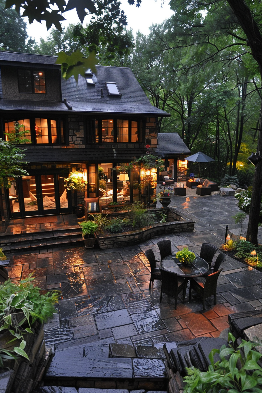 An elegant stone house with glowing windows at dusk, surrounded by lush greenery and a wet patio reflecting light after rain.