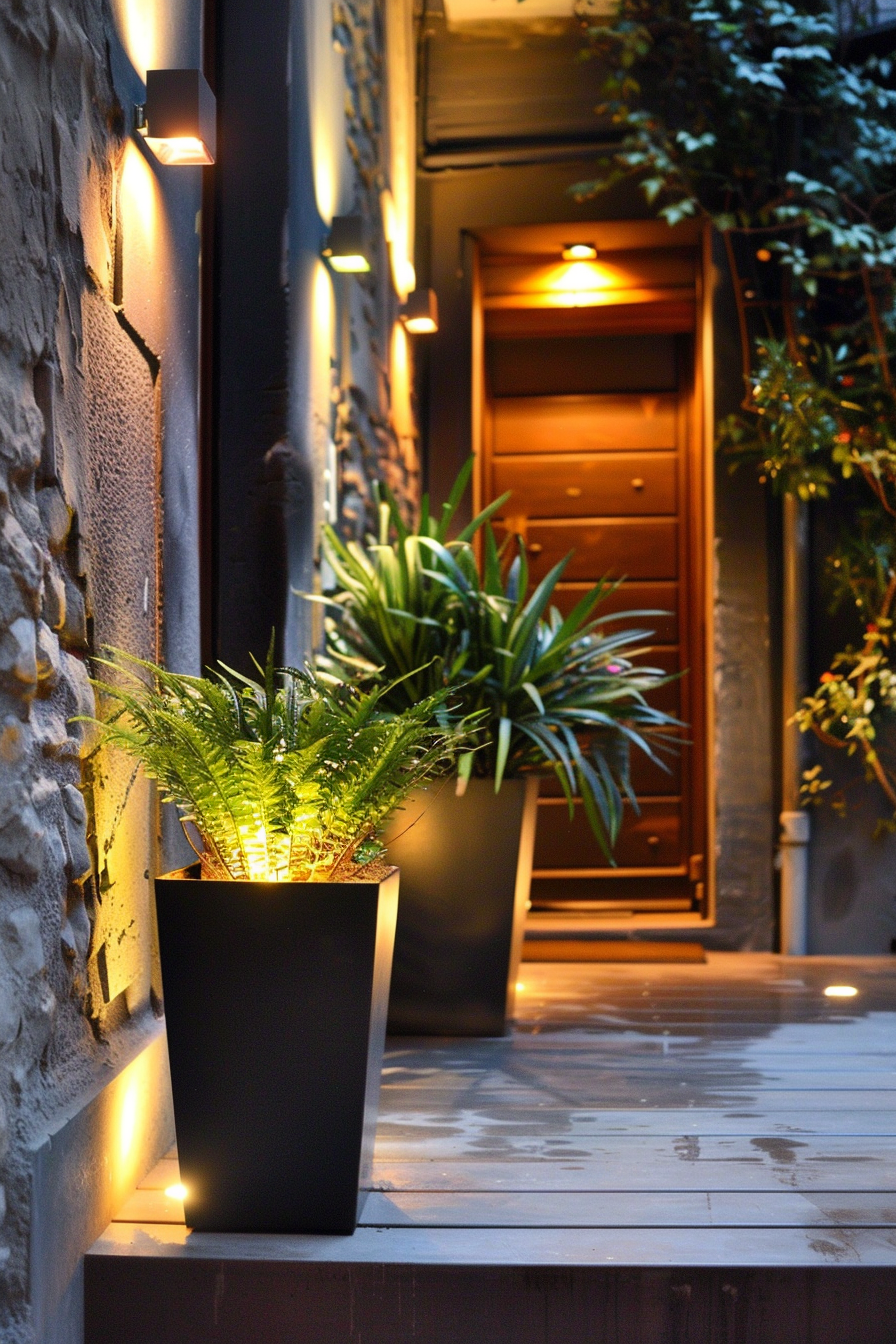 Warmly lit outdoor corridor with wall-mounted lights, a planter with greenery, and a wooden door at the end.