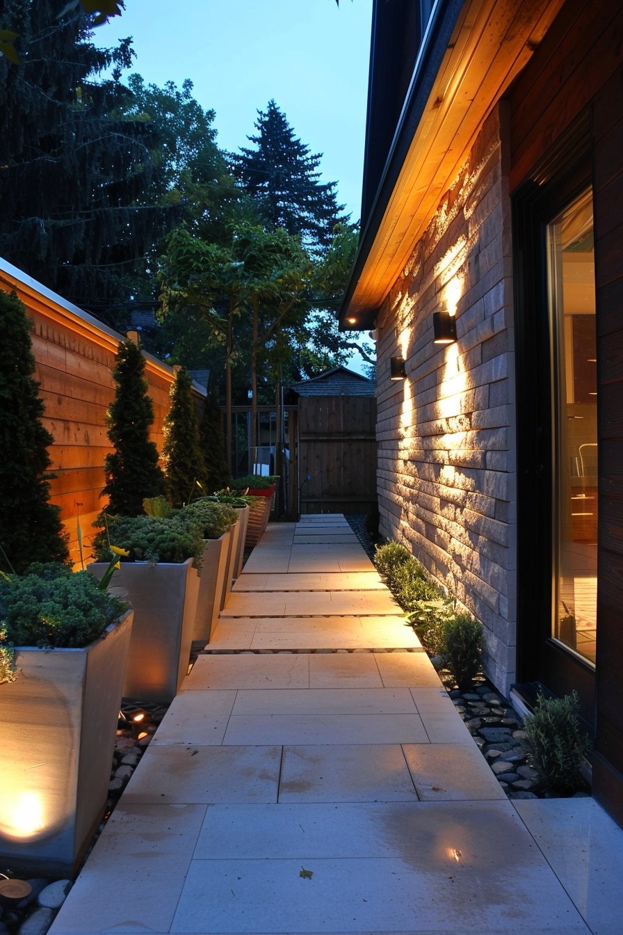 Illuminated garden walkway at dusk with wall-mounted lights casting a warm glow on a stone path lined by planters and a wooden fence.