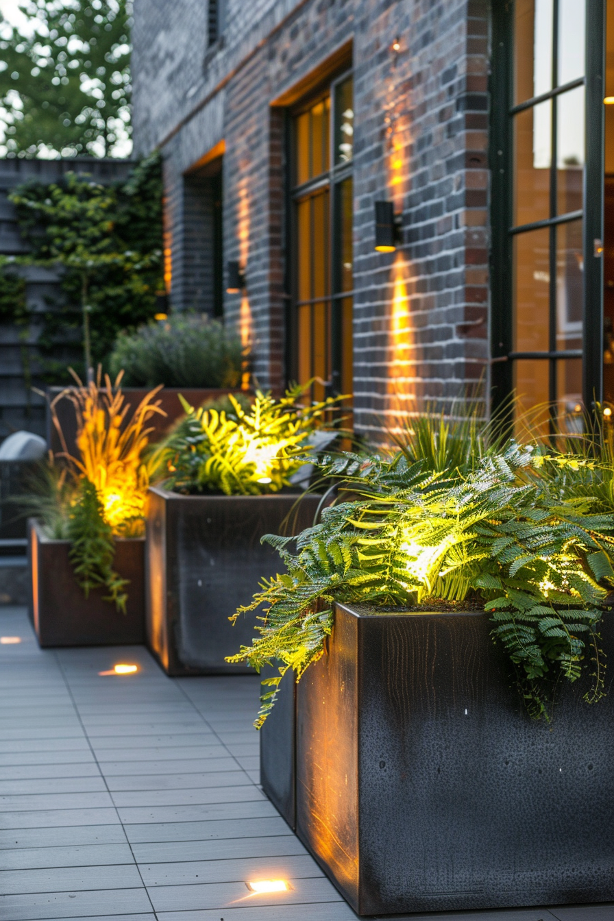 Modern terrace at dusk with illuminated plants in large square planters, warm wall lights, and a brick building background.