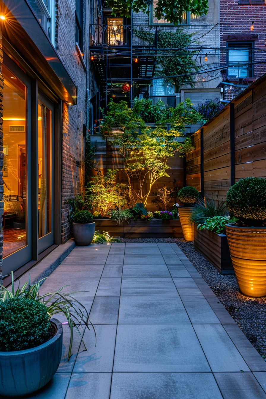 A cozy urban garden at dusk with warm lighting, potted plants, and a pathway between brick buildings.