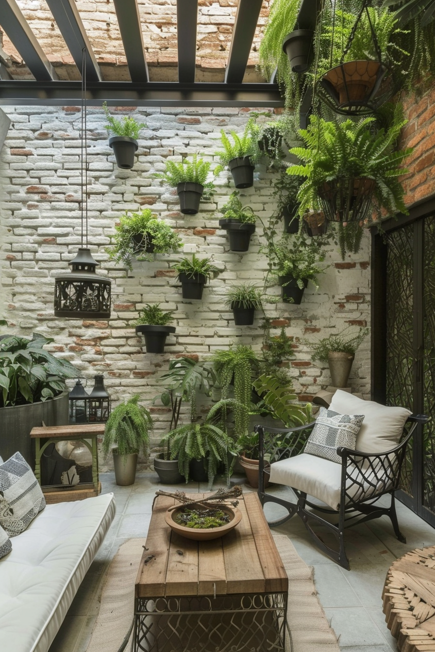 Cozy indoor patio with brick walls adorned with green plants in hanging pots, wooden furniture, and a transparent ceiling.