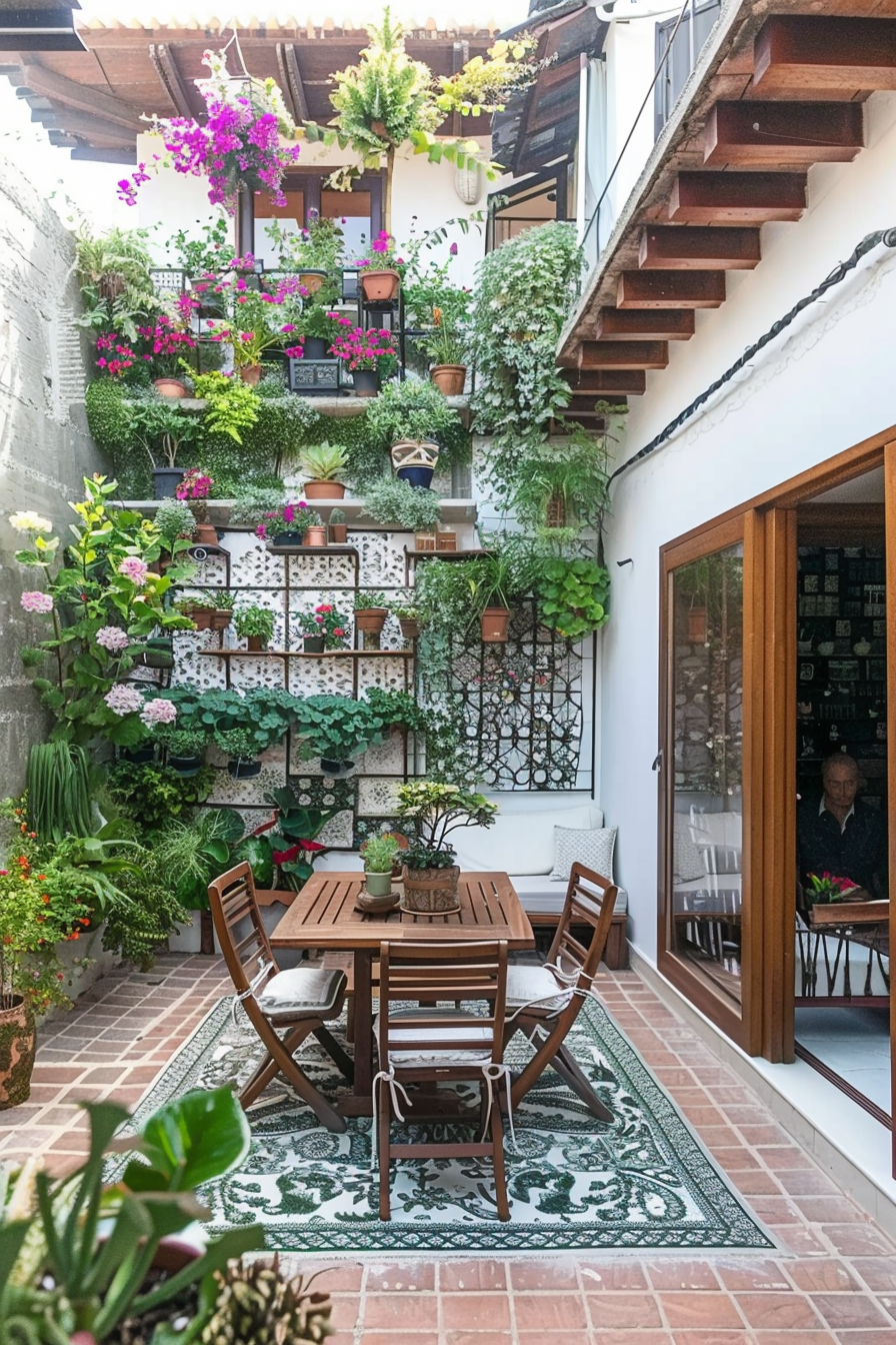 A cozy patio dining area with a wooden table and chairs surrounded by abundant wall-mounted planters and greenery, with a person inside.