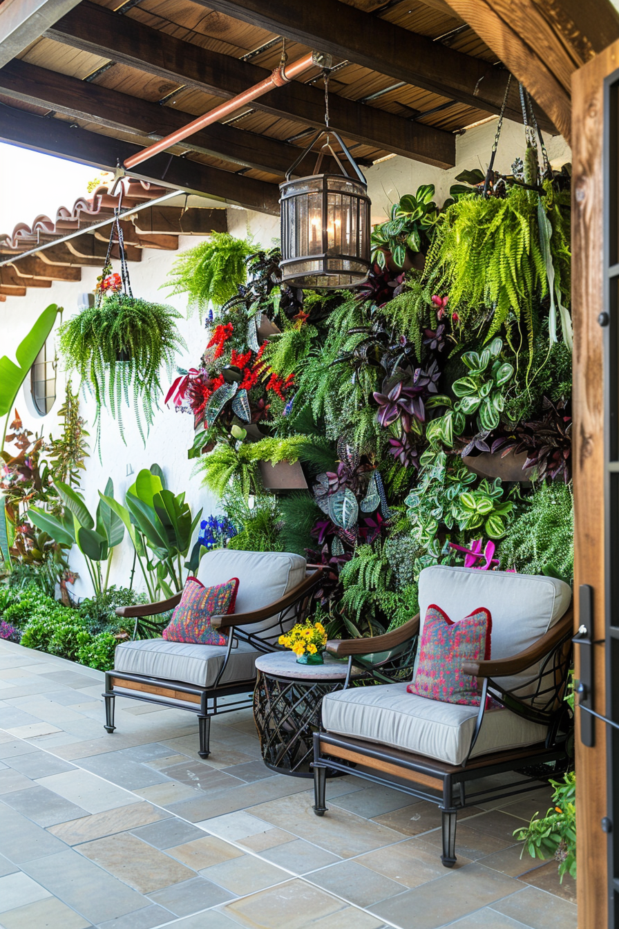 Cozy patio area with comfortable chairs, colorful pillows, and a vibrant vertical garden under a wooden overhang.
