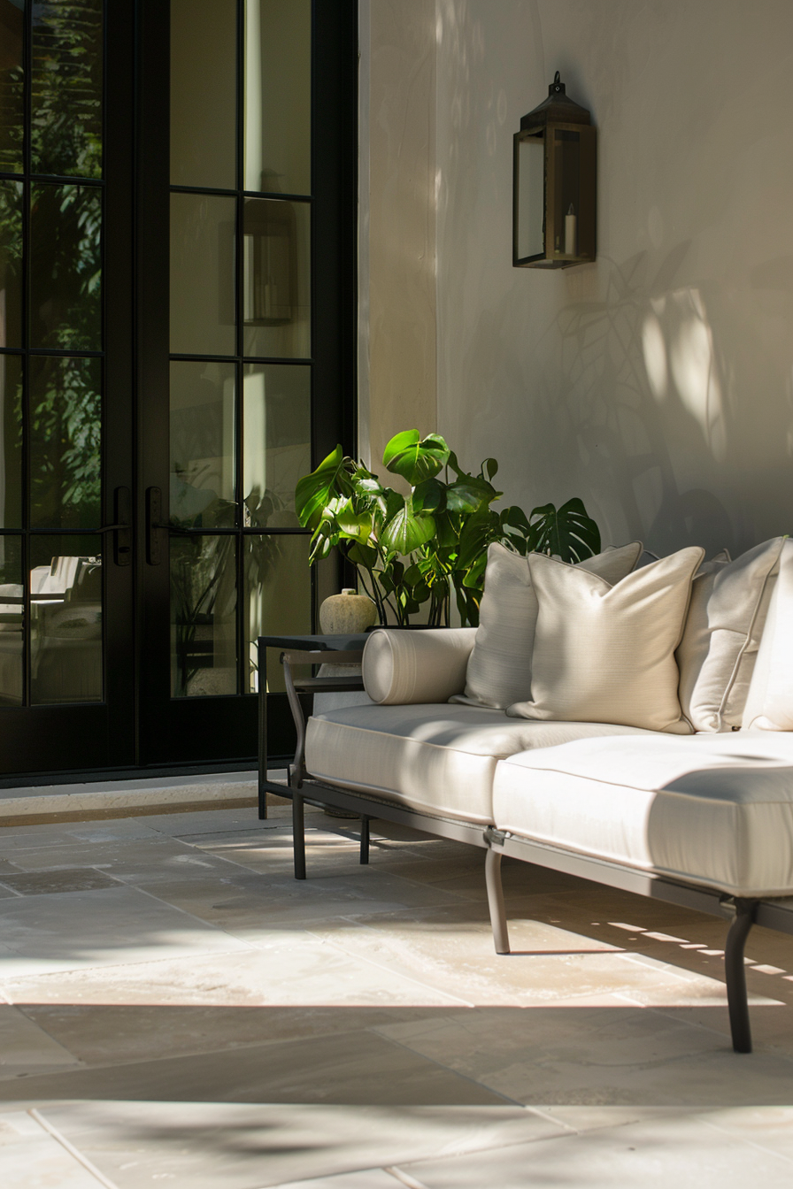 Elegant sunlit patio with a cozy sofa, side table, green plants, and a wall-mounted lantern by large glass doors.