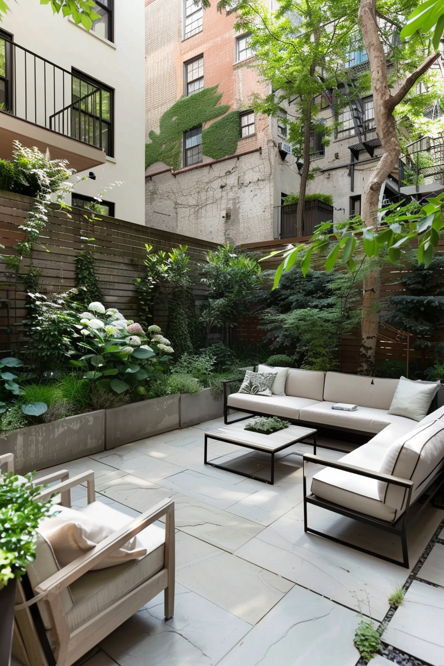 A serene urban garden patio with modern furniture, lush greenery, and surrounding brick buildings.