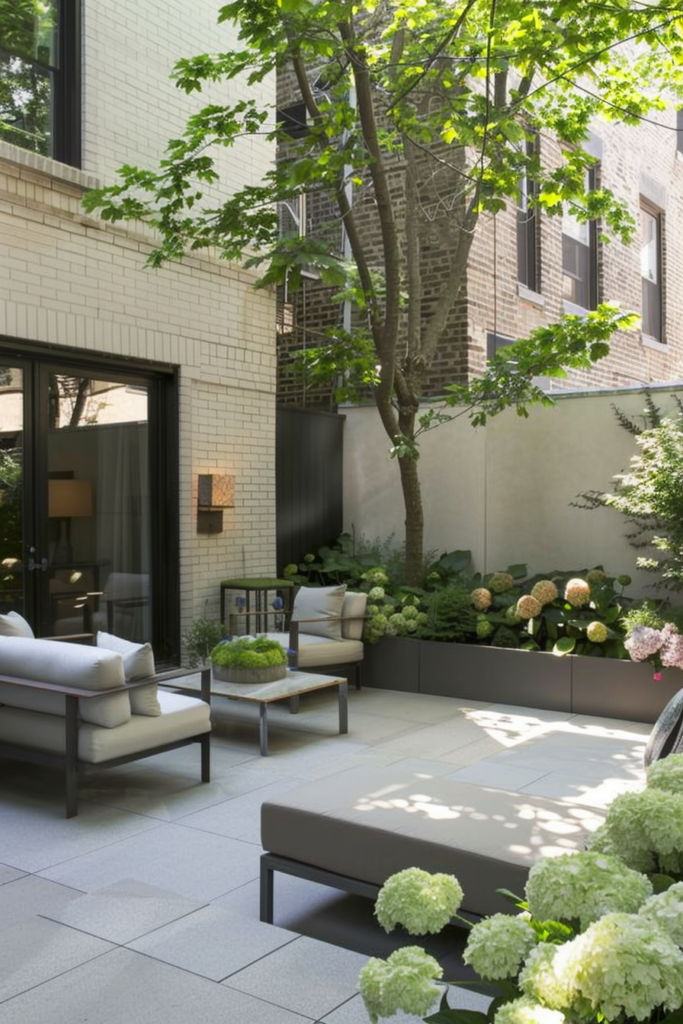 ALT: An inviting urban garden patio with modern outdoor furniture surrounded by lush greenery and blooming white hydrangeas.