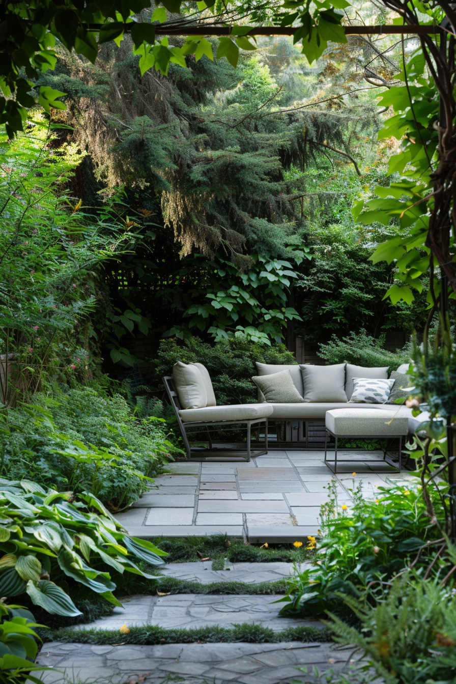 Outdoor garden patio with stone path leading to a sitting area with cozy cushions, surrounded by lush greenery and trees.