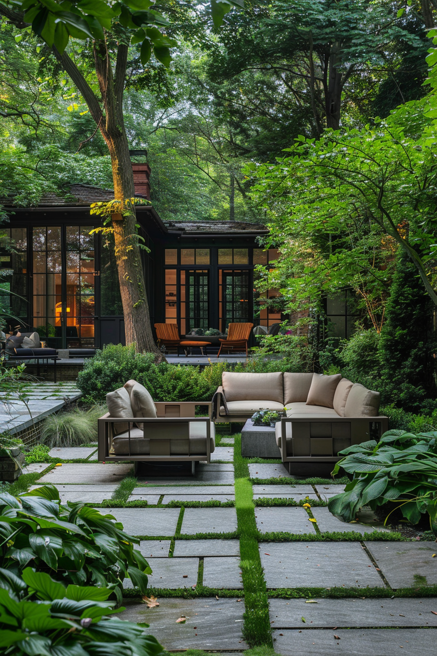 ALT text: A serene garden with outdoor furniture set on a flagstone path, surrounded by lush greenery and trees, leading to a modern black house.
