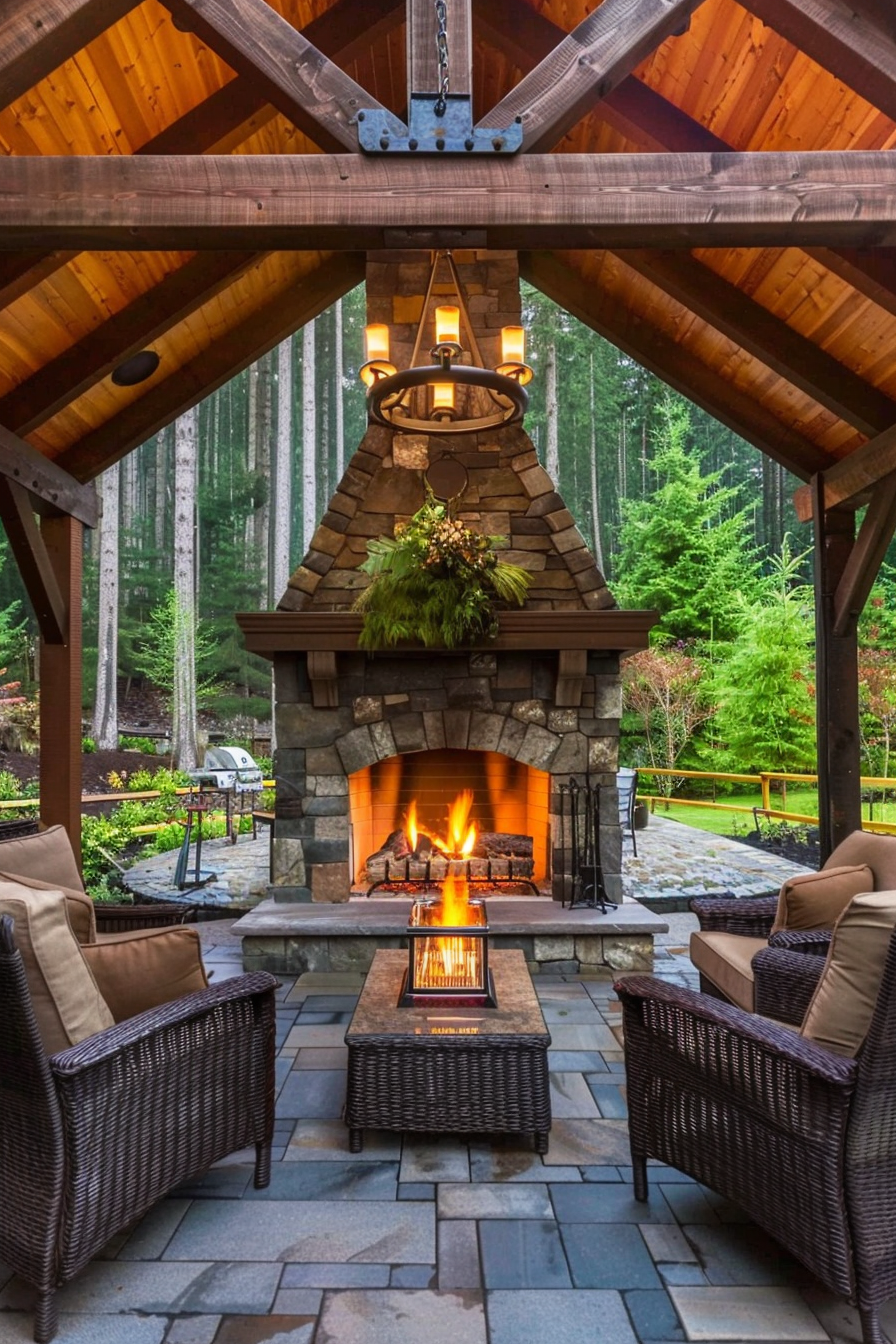 Outdoor patio with a stone fireplace, wicker chairs, a chandelier, and a view of a pine forest.