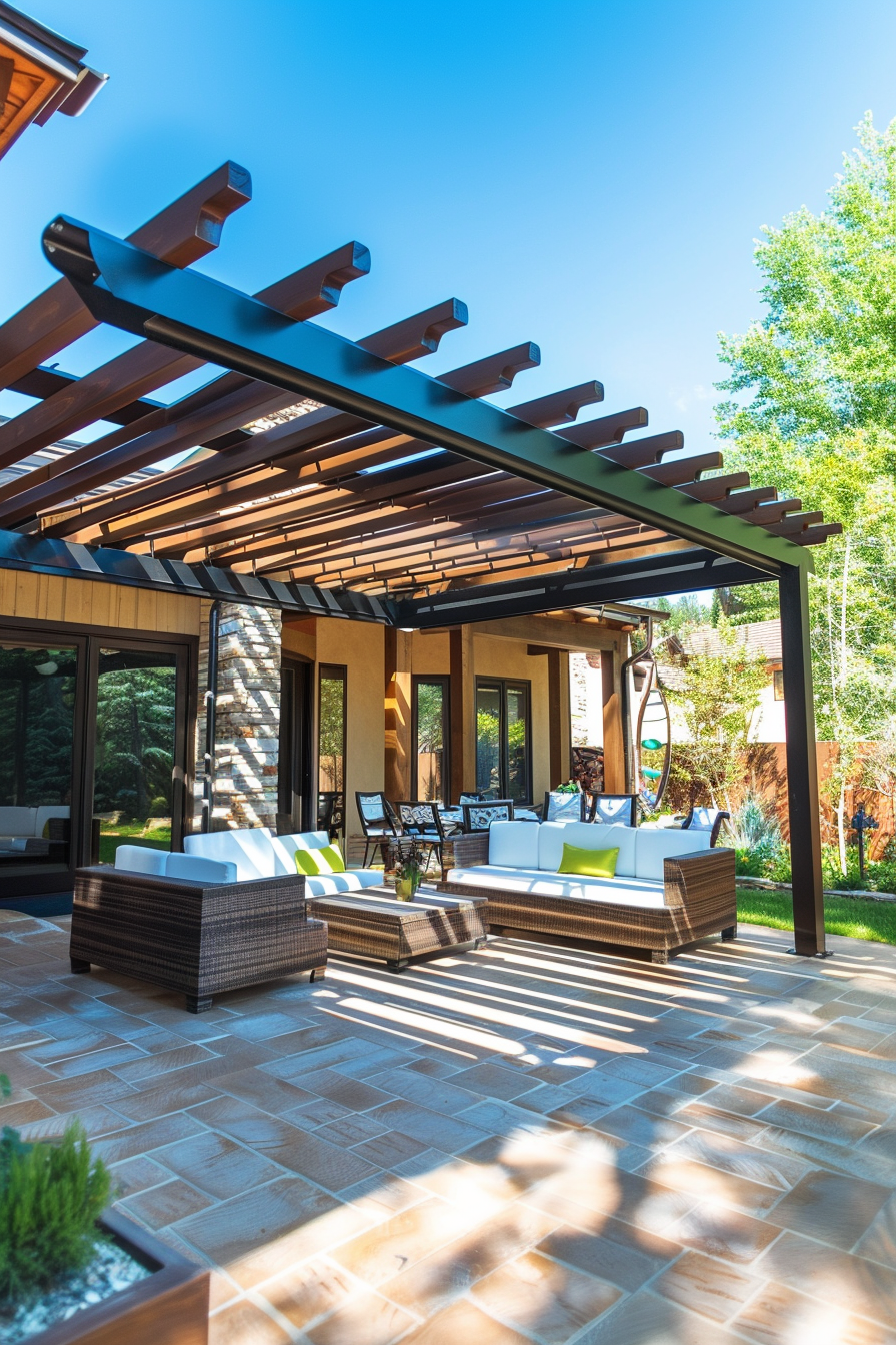 Modern patio with outdoor furniture under a wooden pergola, surrounded by greenery on a sunny day.