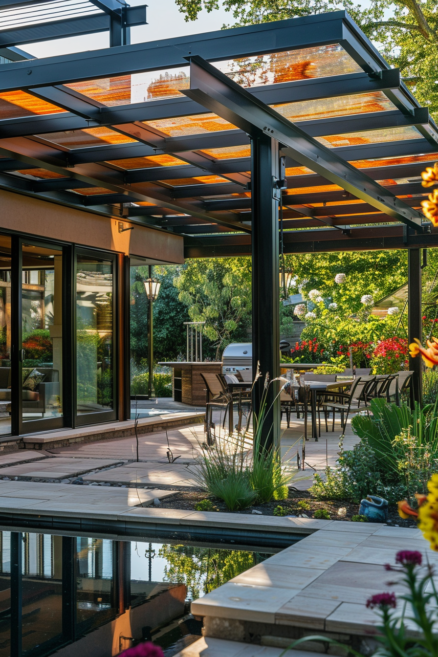 A modern patio with an outdoor dining set under a pergola, beside a reflective water feature, surrounded by lush garden plants.