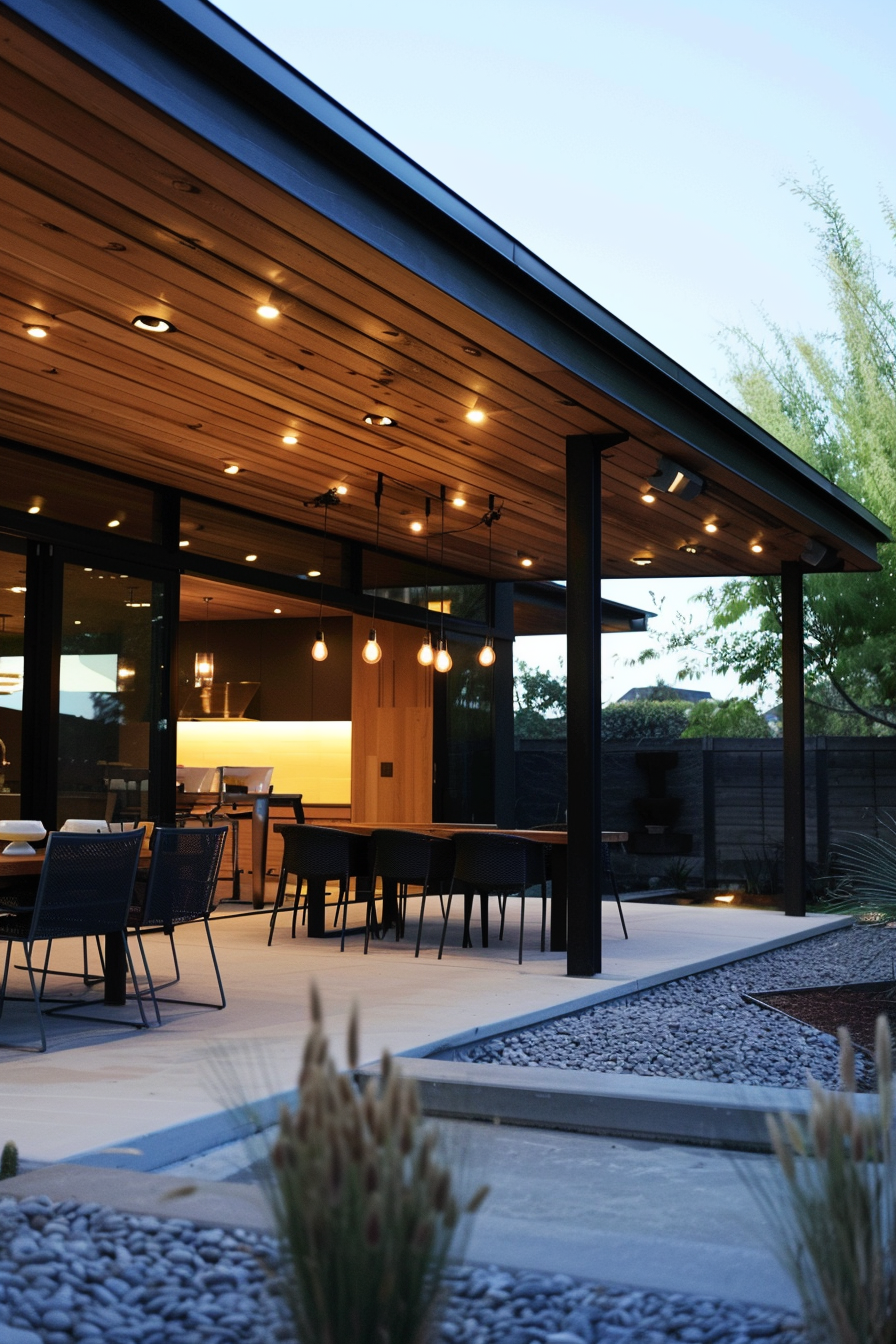 Modern patio with lit ceiling lights, outdoor dining furniture, and visible interior of a stylish home during dusk.