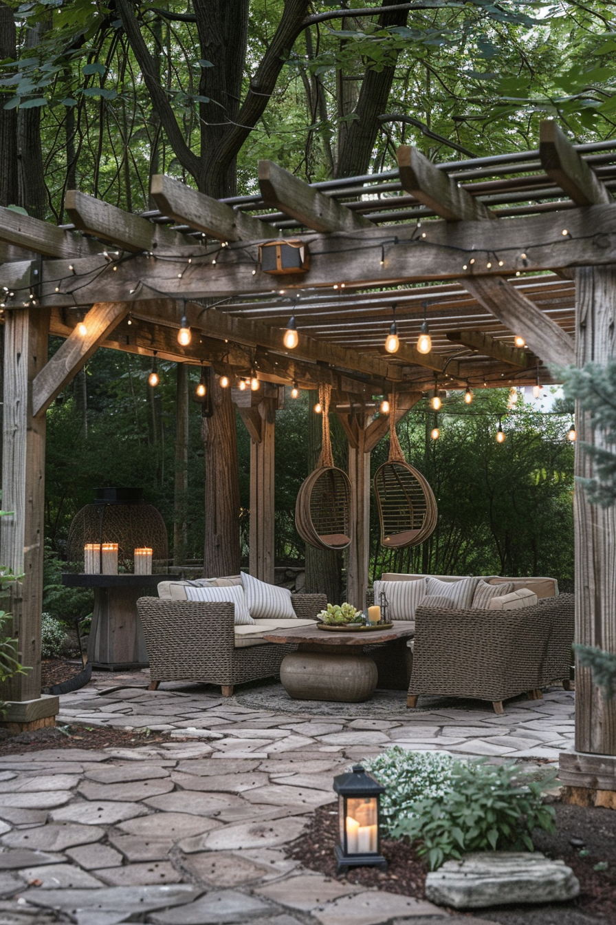 Cozy outdoor patio with string lights, hanging chairs, and comfortable seating amidst greenery.