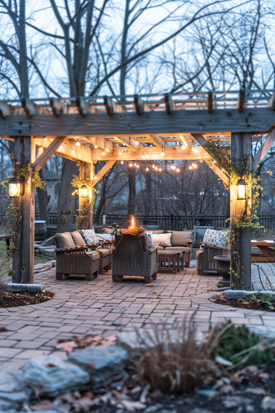 Cozy outdoor patio with string lights, wicker furniture, and a small fire pit, set against a twilight backdrop.