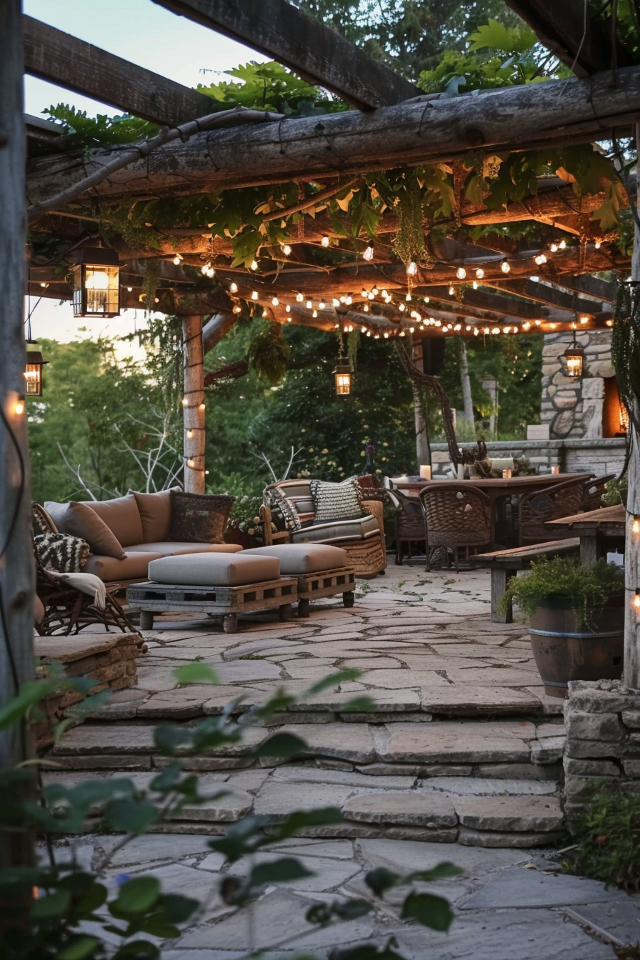 Cozy outdoor patio with string lights, cushioned seating, and lanterns at twilight, amidst lush greenery.