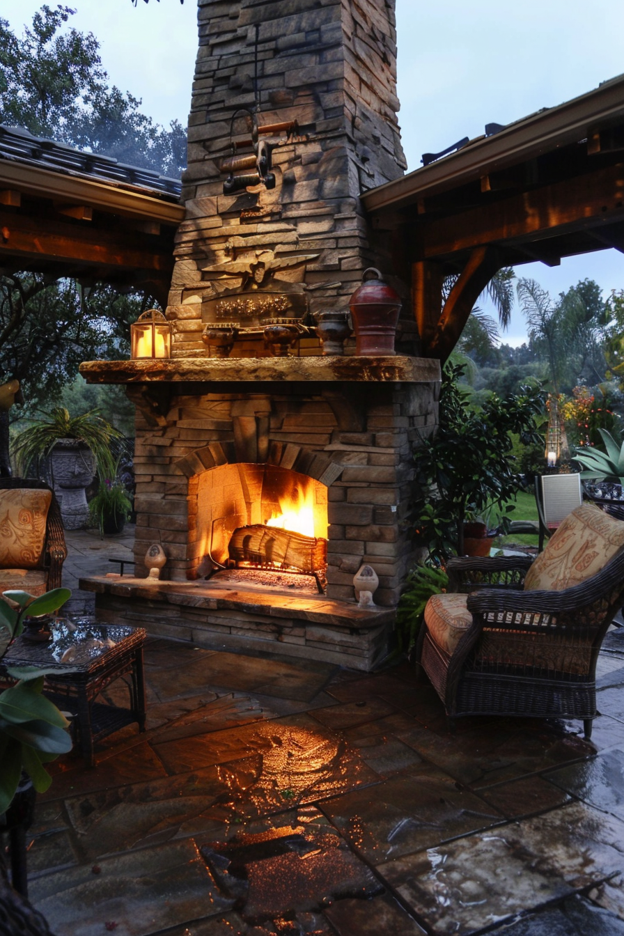 Outdoor stone fireplace with a roaring fire, wet patio ground, and cozy furniture at dusk.