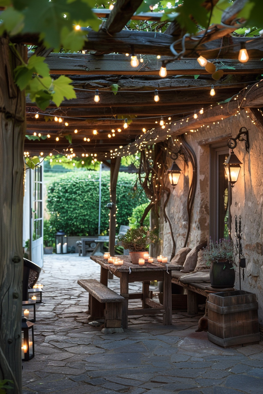 Cozy outdoor seating area with string lights, rustic wooden furniture, and candles on a stone patio.