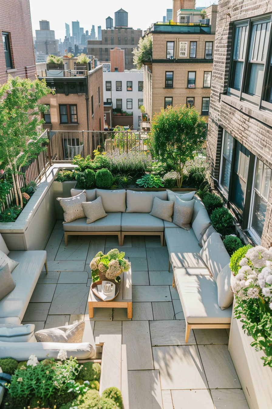 Cozy rooftop terrace with modern outdoor sofa and lush greenery, overlooking city buildings under a clear sky.