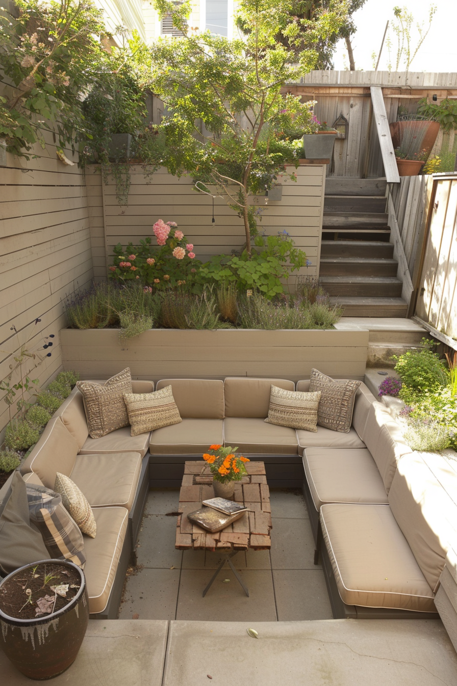 Cozy outdoor seating area with beige sectional couch, pillows, rustic wooden table, surrounded by lush plants and a wooden staircase.