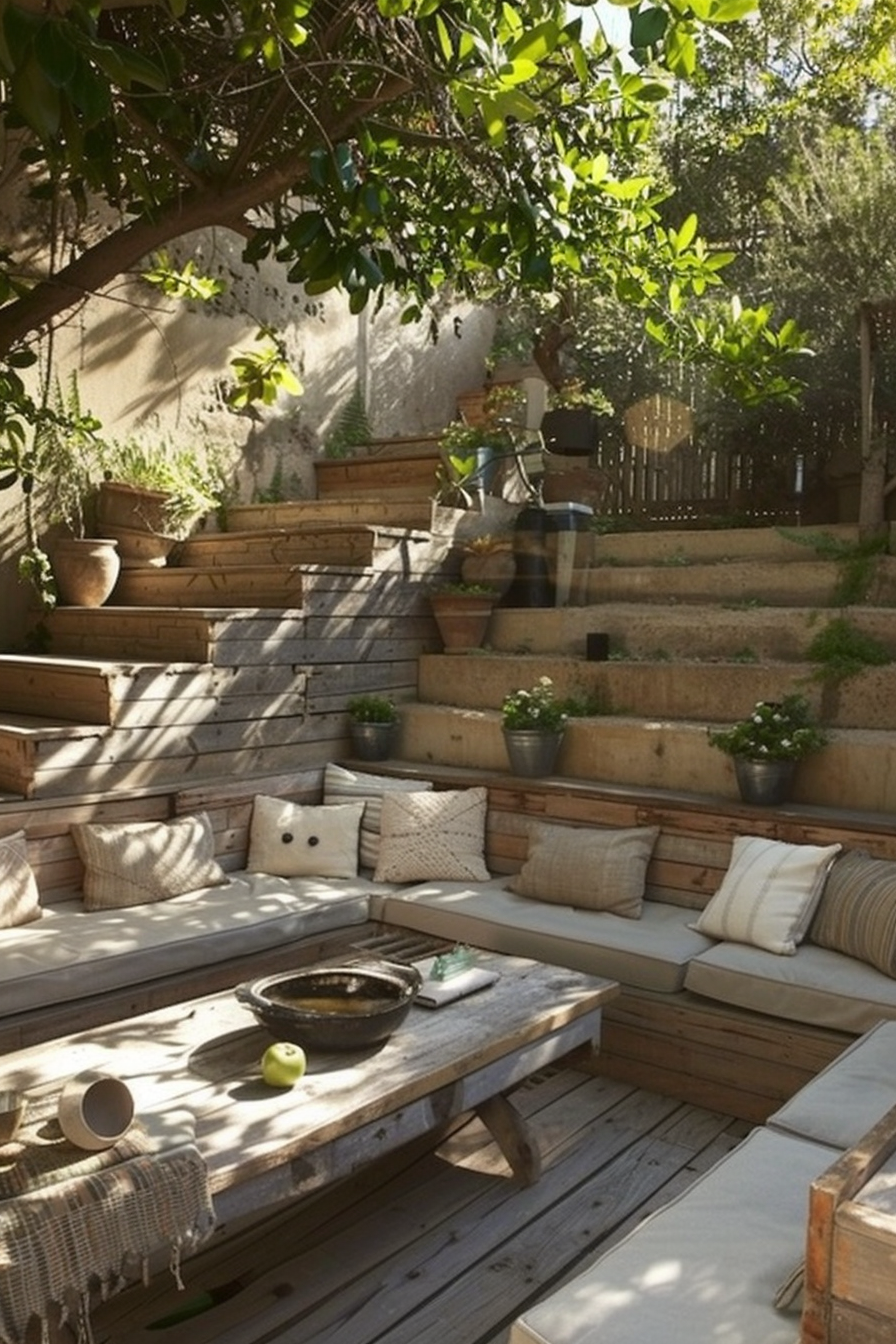 Cozy outdoor seating area with cushioned benches, wooden steps, potted plants, and a central coffee table in a sunlit garden.