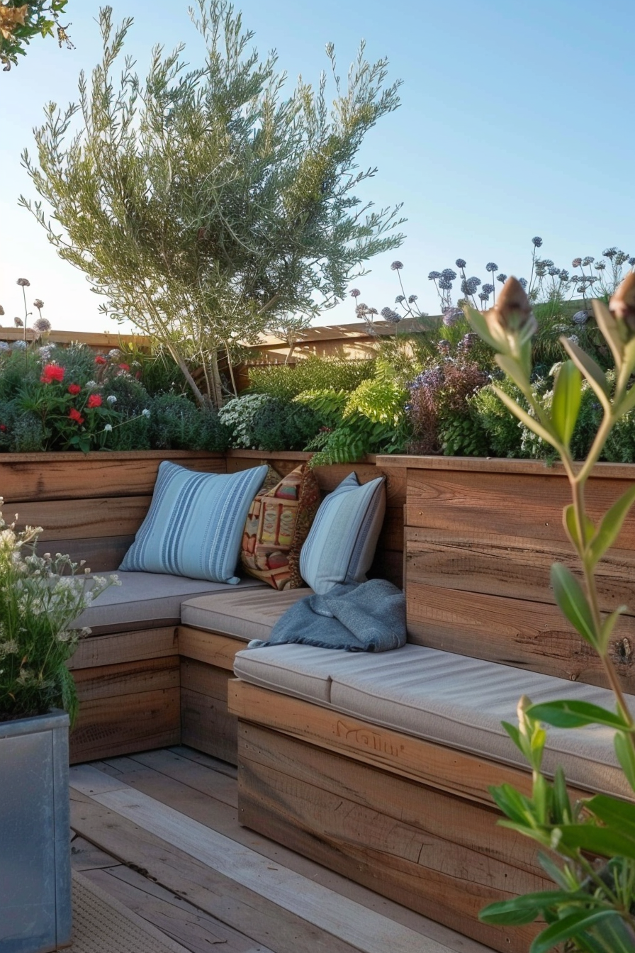 Cozy outdoor wooden corner seating surrounded by lush plants and cushions, set on a wooden deck under a clear blue sky.
