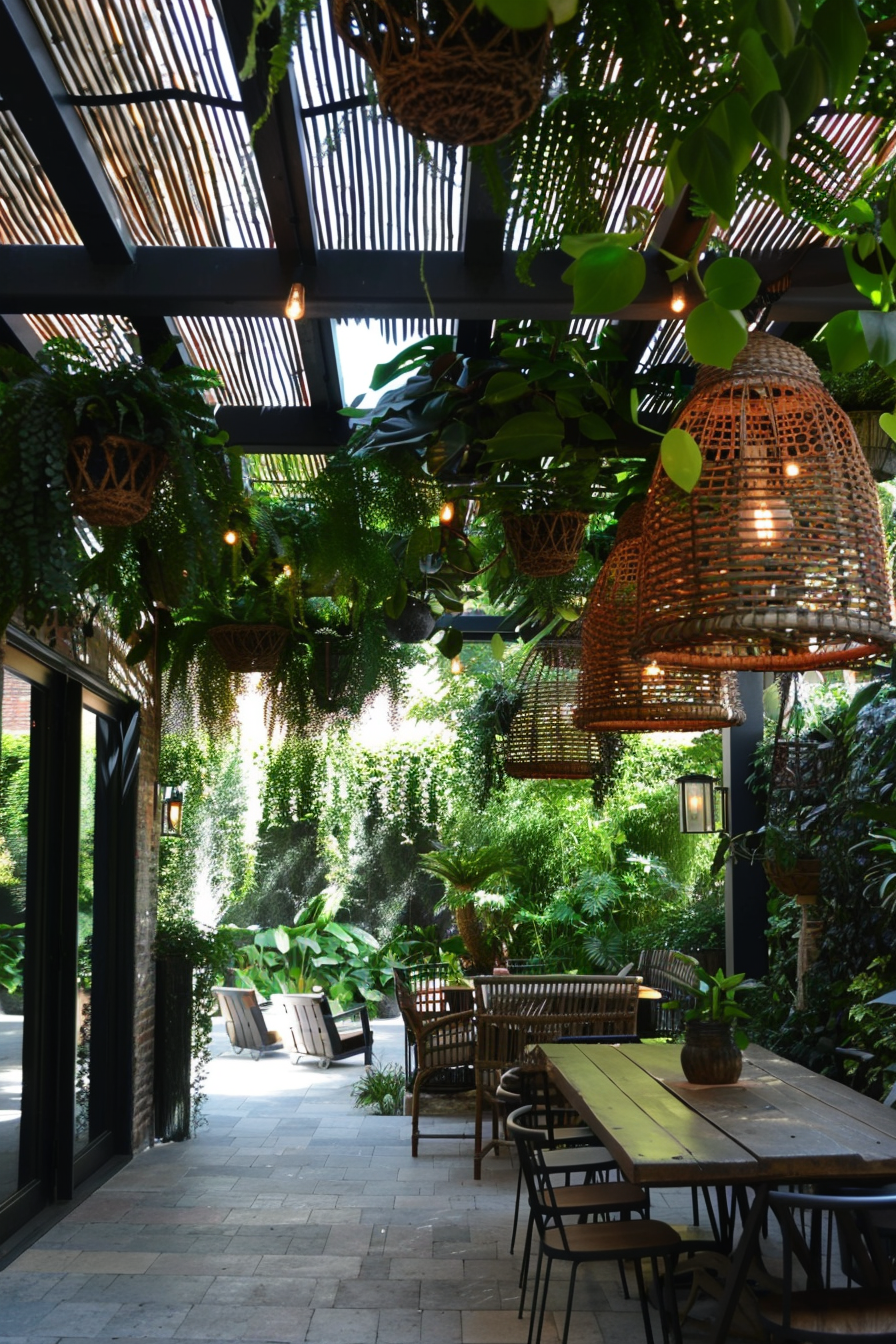 A tranquil garden patio with hanging plants, wicker lamps, wooden furniture, and a sunlit foliage backdrop.