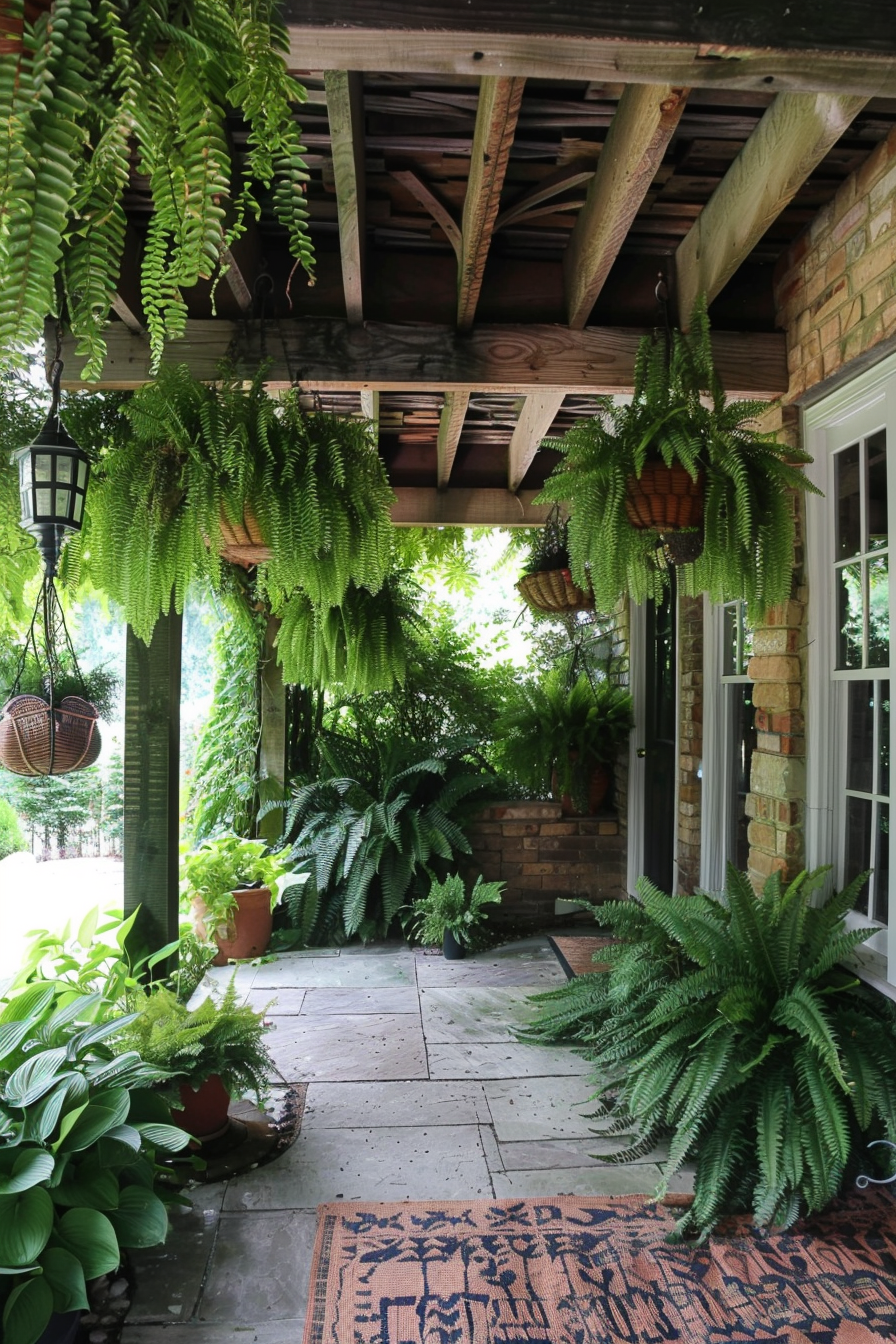 Cozy porch with a rustic wooden ceiling, hanging ferns, lush potted plants, and patterned rug.