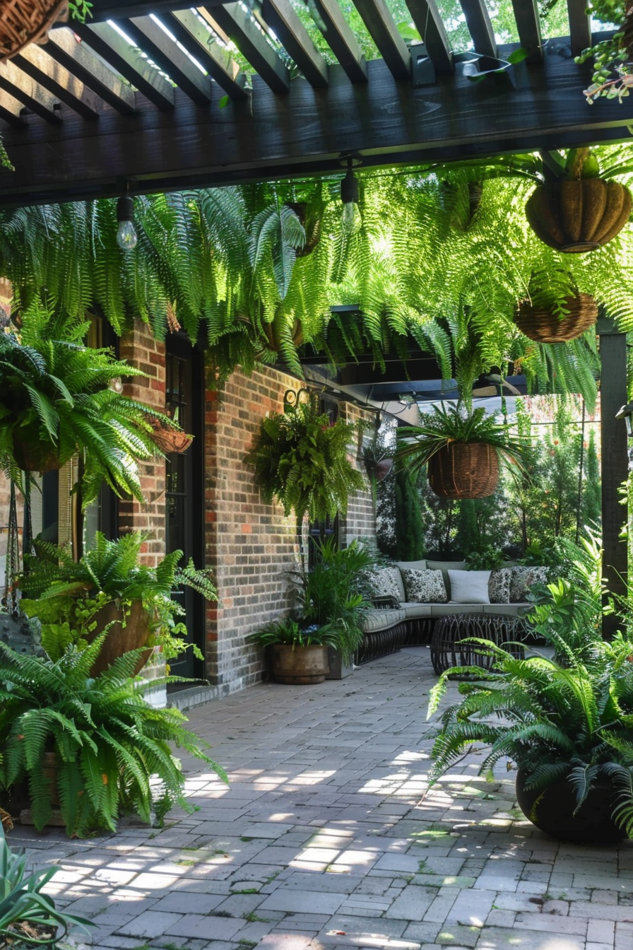 Cozy patio area with brick walls, lush ferns hanging from a wooden pergola, and comfortable seating with cushions.