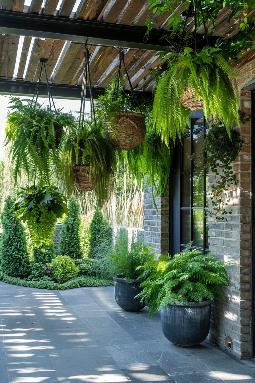 "Verdant patio area with hanging ferns, potted plants, and an array of greenery under a pergola, alongside a brick wall with a tall door."