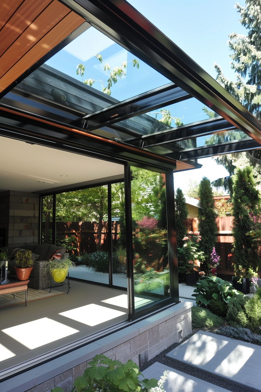 Modern room with large glass doors and windows overlooking a lush garden with a glass ceiling partially revealing the sky.