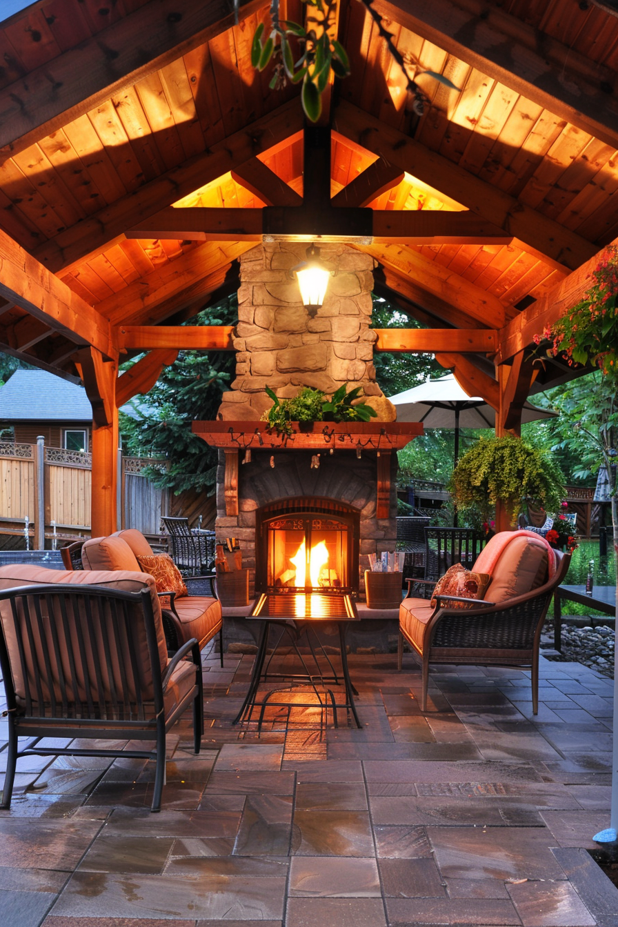 Cozy outdoor patio with a lit fireplace, comfortable chairs, and a wooden roof at dusk.