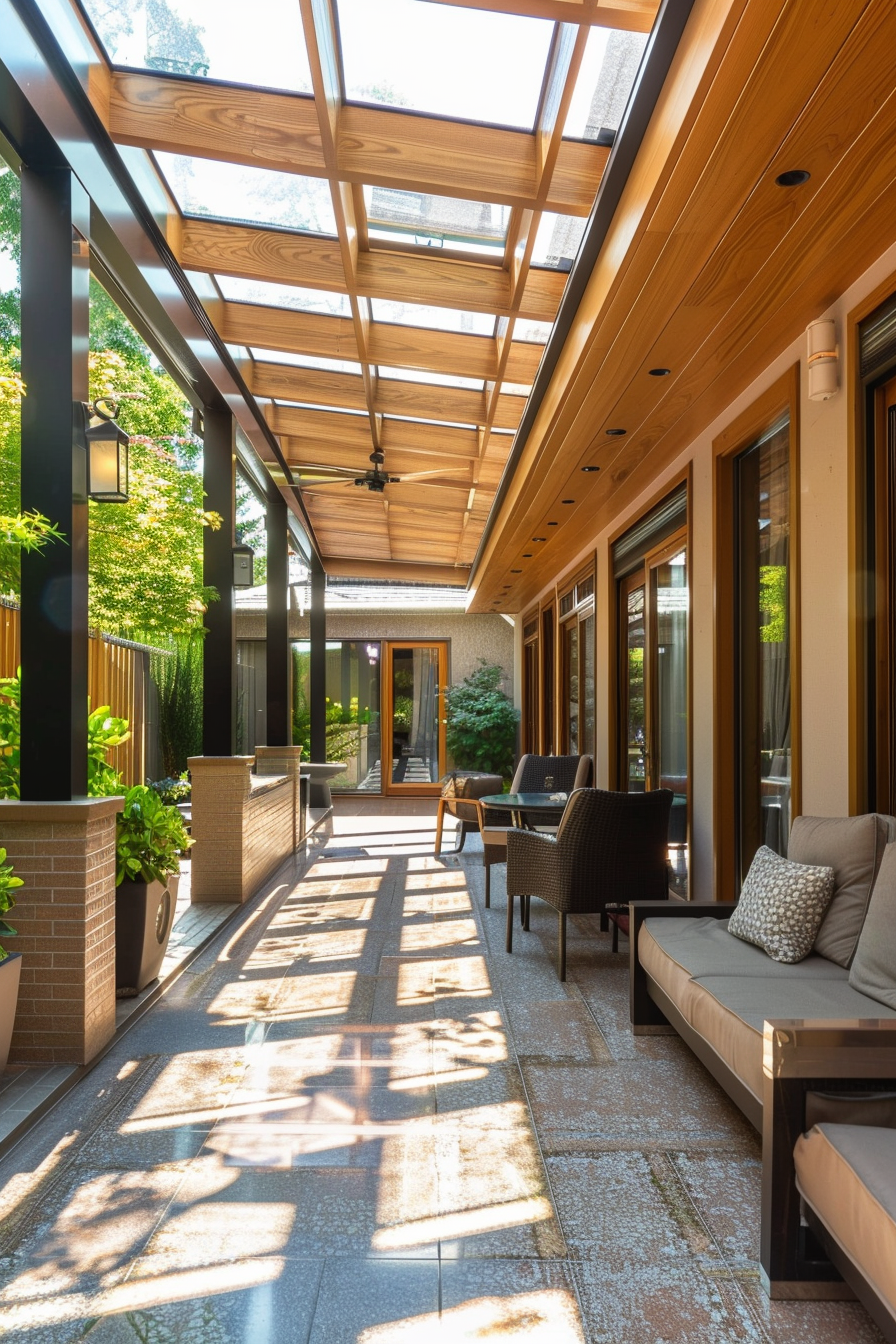 Sunlit patio corridor with glass roof, wooden beams, planters, and modern outdoor furniture, showcasing a tranquil home exterior.