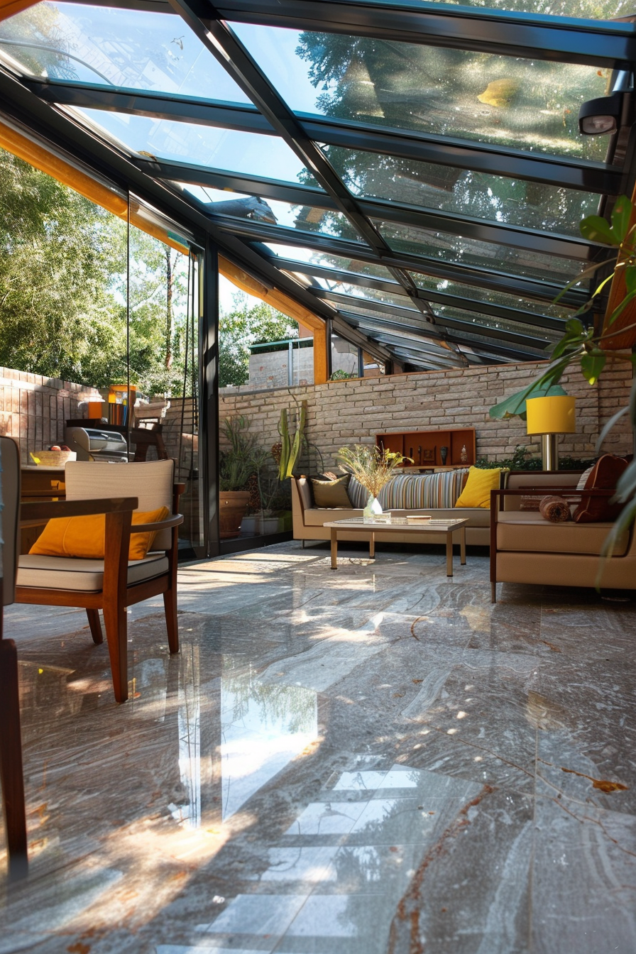 Sunlit modern conservatory with glass roof, comfortable furniture, and lush greenery outside.