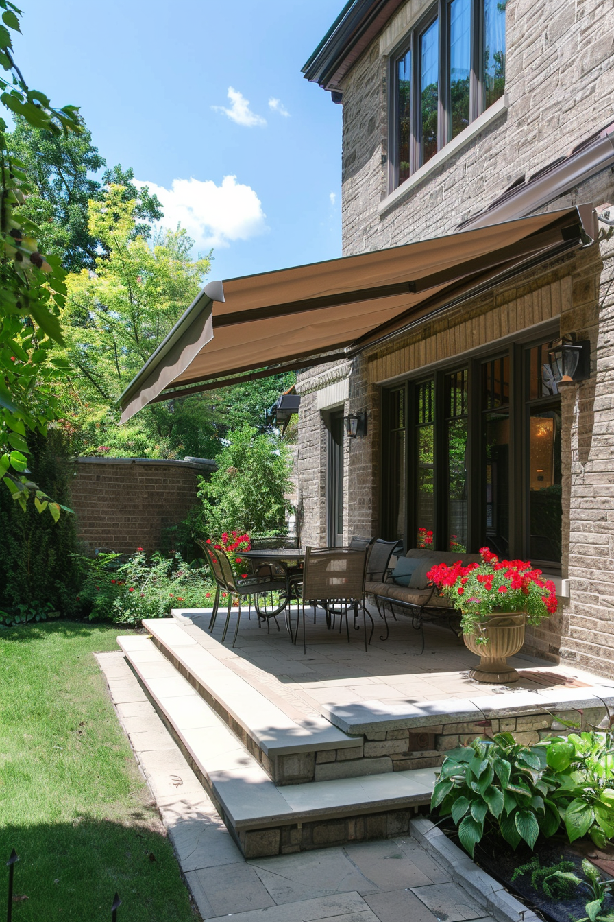 A cozy patio with furniture under an awning, adjacent to a brick house, accented with red flowers and lush greenery.