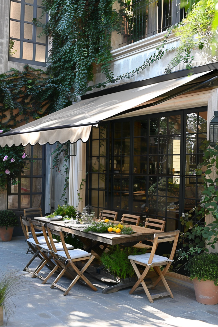 ALT text: Cozy outdoor dining area with a wooden table and chairs, set with greenery and fruits, under an awning, beside a building with climbing plants.