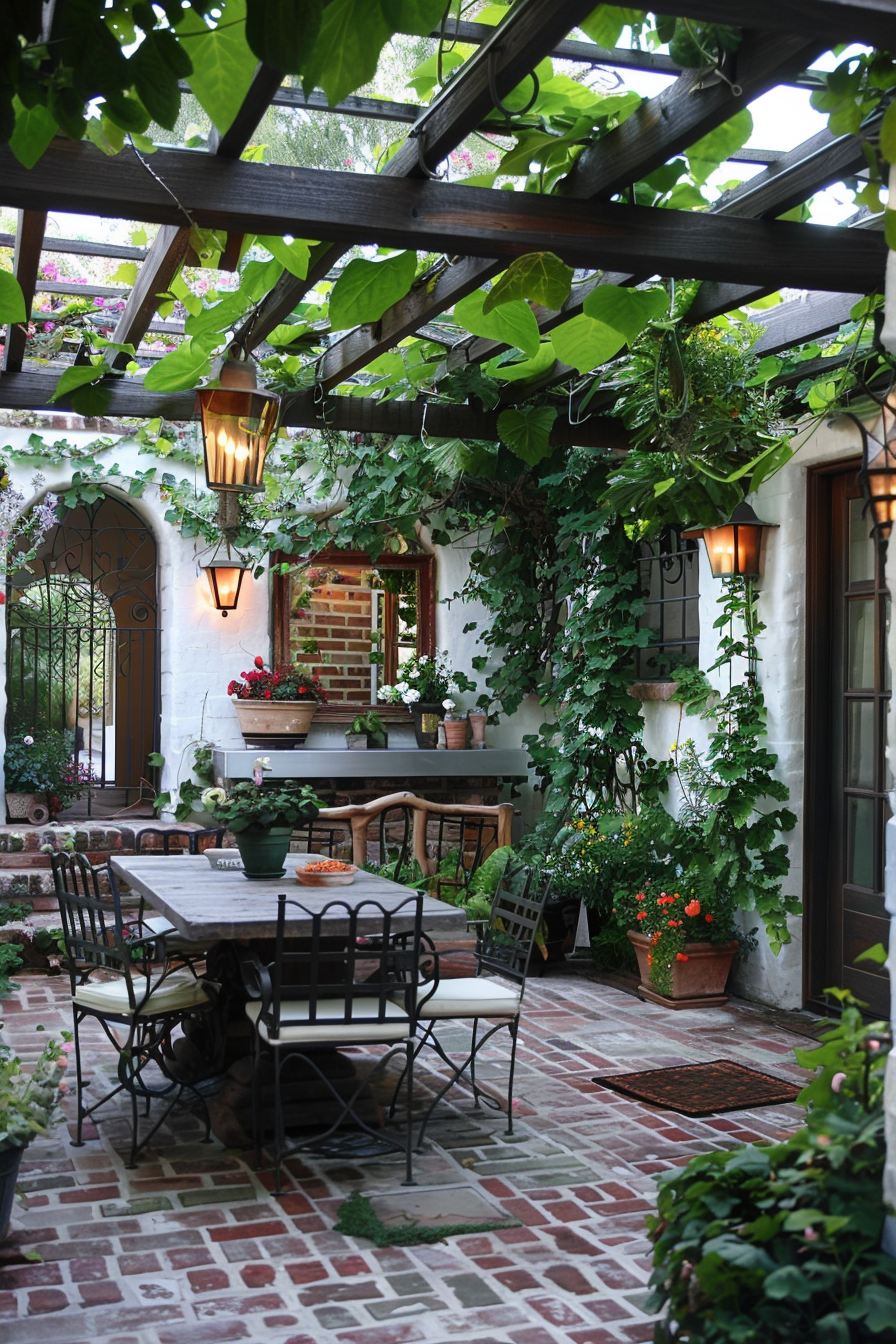 Charming patio area with a dining table set, brick floor, and hanging greenery under a wooden pergola.