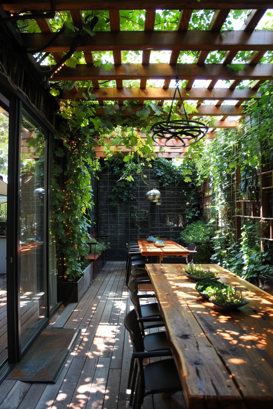 Cozy outdoor patio with wooden tables, chairs, and a trellis overhead adorned with green climbing plants and hanging lights.