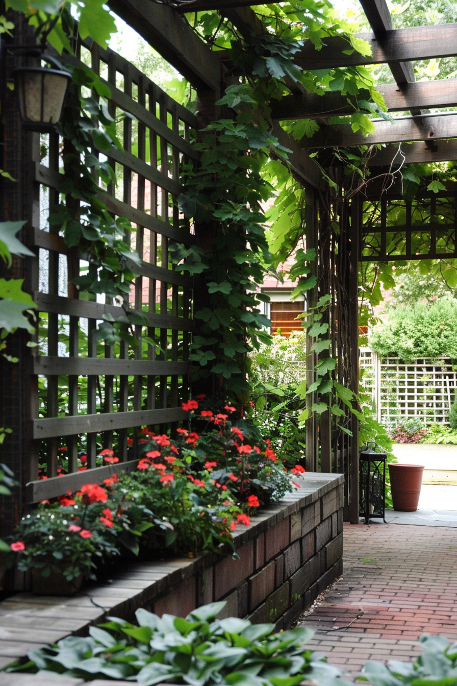 A peaceful garden pathway with red flowers on brick planters, lush greenery, and wood lattice structures.