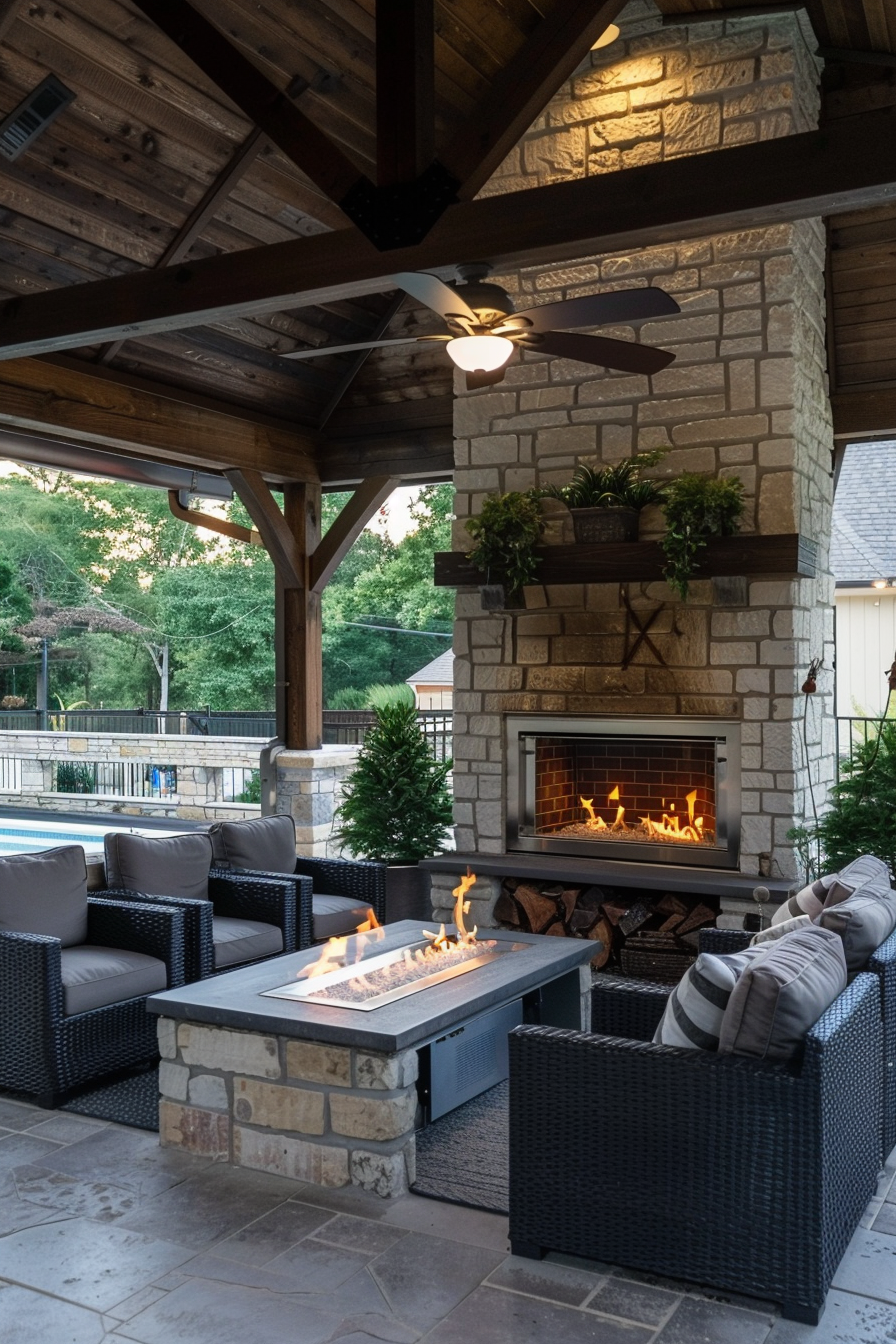 ALT: A cozy outdoor patio area with a lit fireplace, gas fire pit, wicker furniture, and a ceiling fan, overlooking a pool at dusk.
