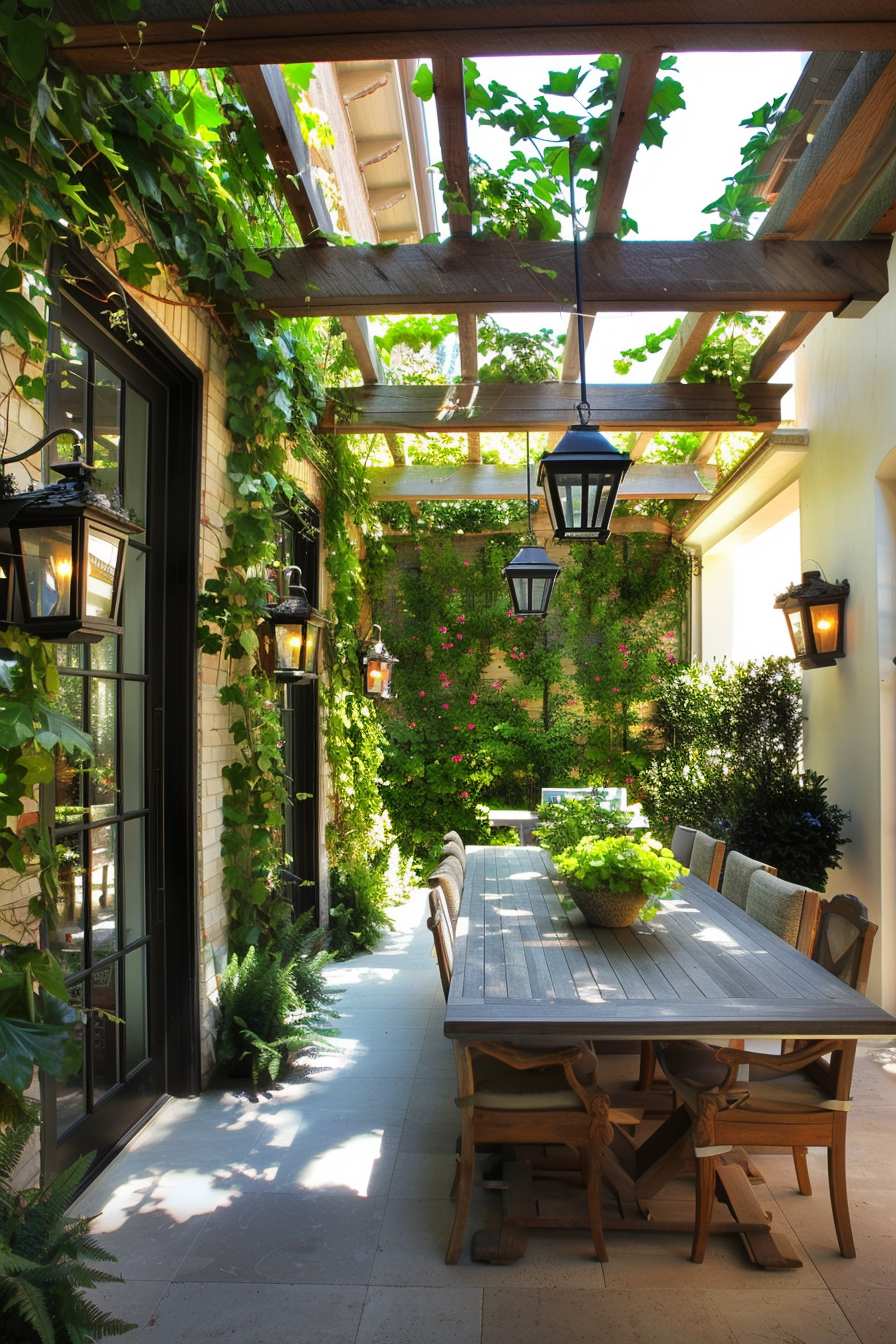 A cozy outdoor dining area with a long wooden table, chairs, hanging lanterns, and greenery climbing on a pergola and walls.