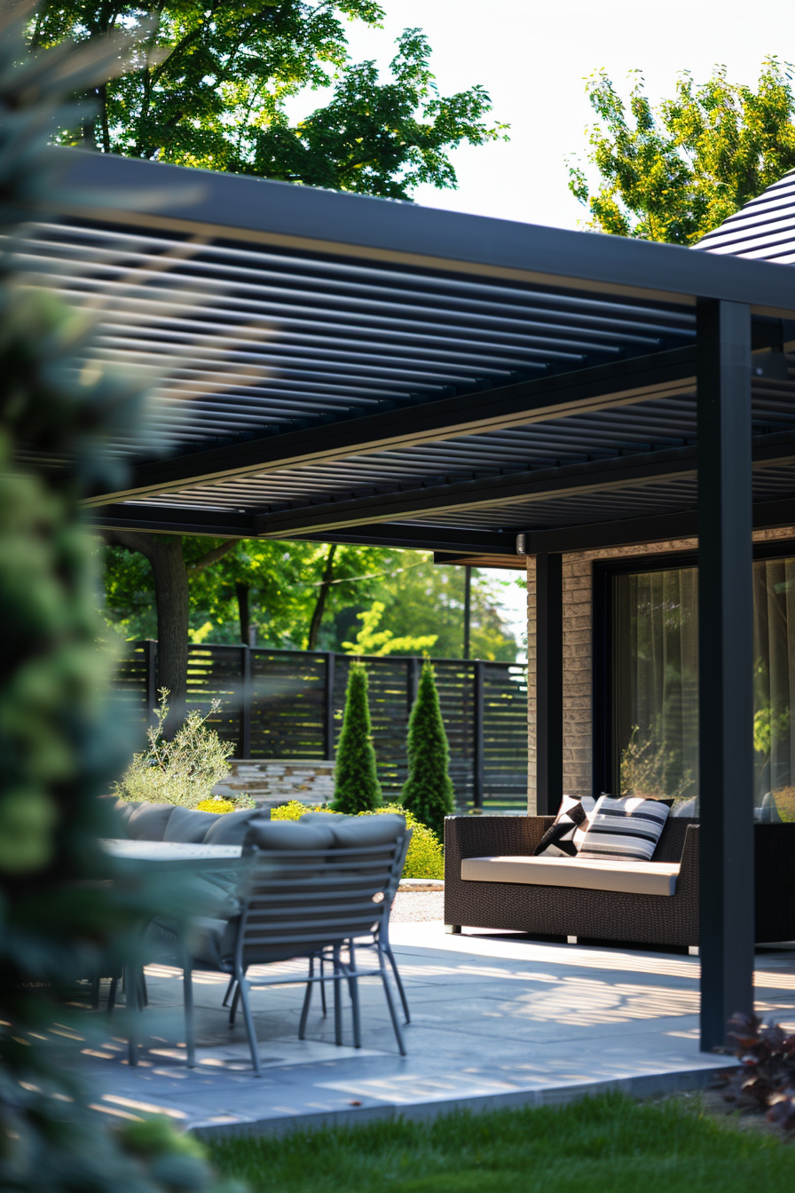 A modern outdoor patio with furniture under a pergola, surrounded by lush garden and trees in daylight.