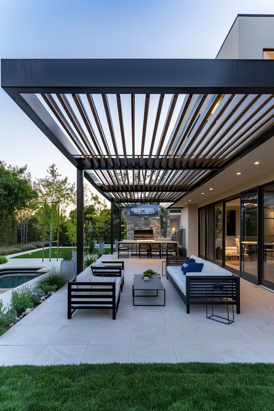Modern outdoor patio with furniture, an overhead pergola, and a view of a landscaped garden and house exterior.